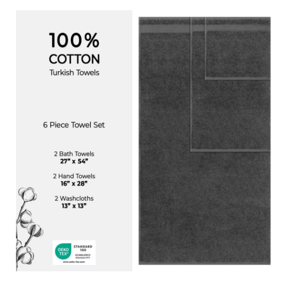 Set De 6 Toallas 100% Algodón Turco Bekos Gris Oscuro-0