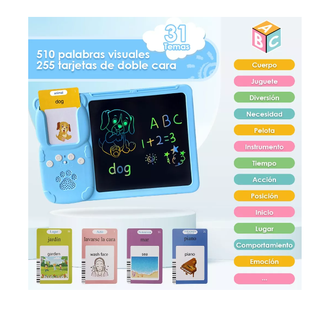 Tablero Didáctico Con 255 Tarjetas Español-inglés Para Niños Azul-3