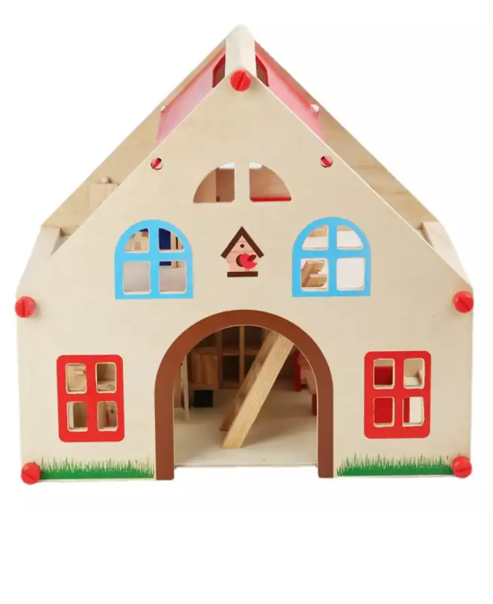Casa De Muñeca De Madera Clásica Con Muebles-1