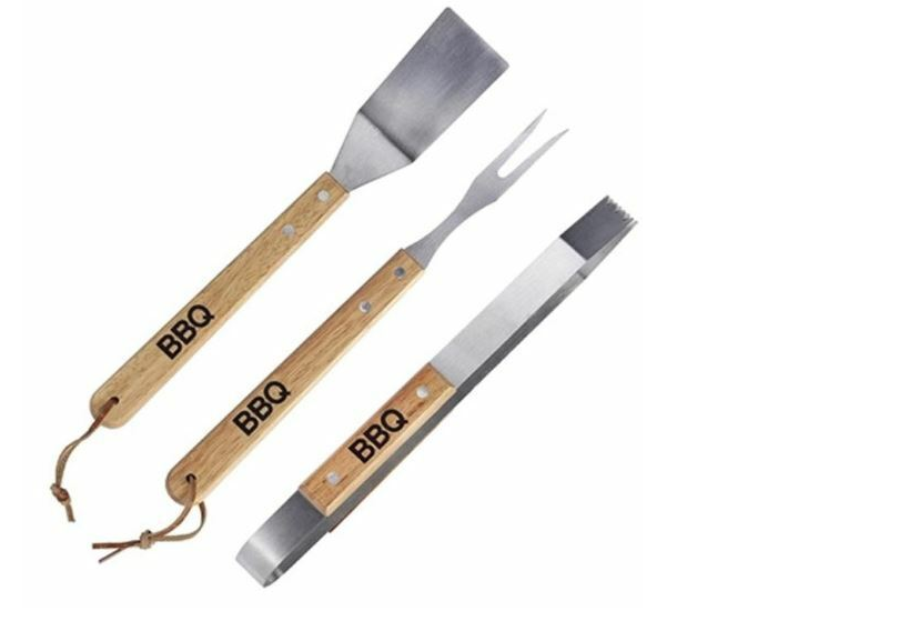 Set Parrillero BBQ Pinzas/Espátula/Tenedor Mango Madera-0