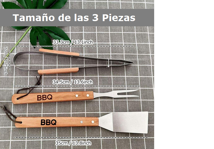 Set Parrillero BBQ Pinzas/Espátula/Tenedor Mango Madera-2