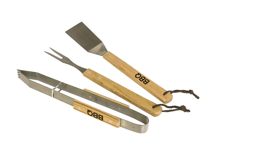 Set Parrillero BBQ Pinzas/Espátula/Tenedor Mango Madera-3