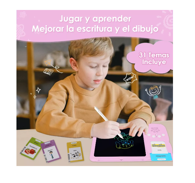 Tablero Didáctico Con 255 Tarjetas Español-inglés Para Niños Rosa-4