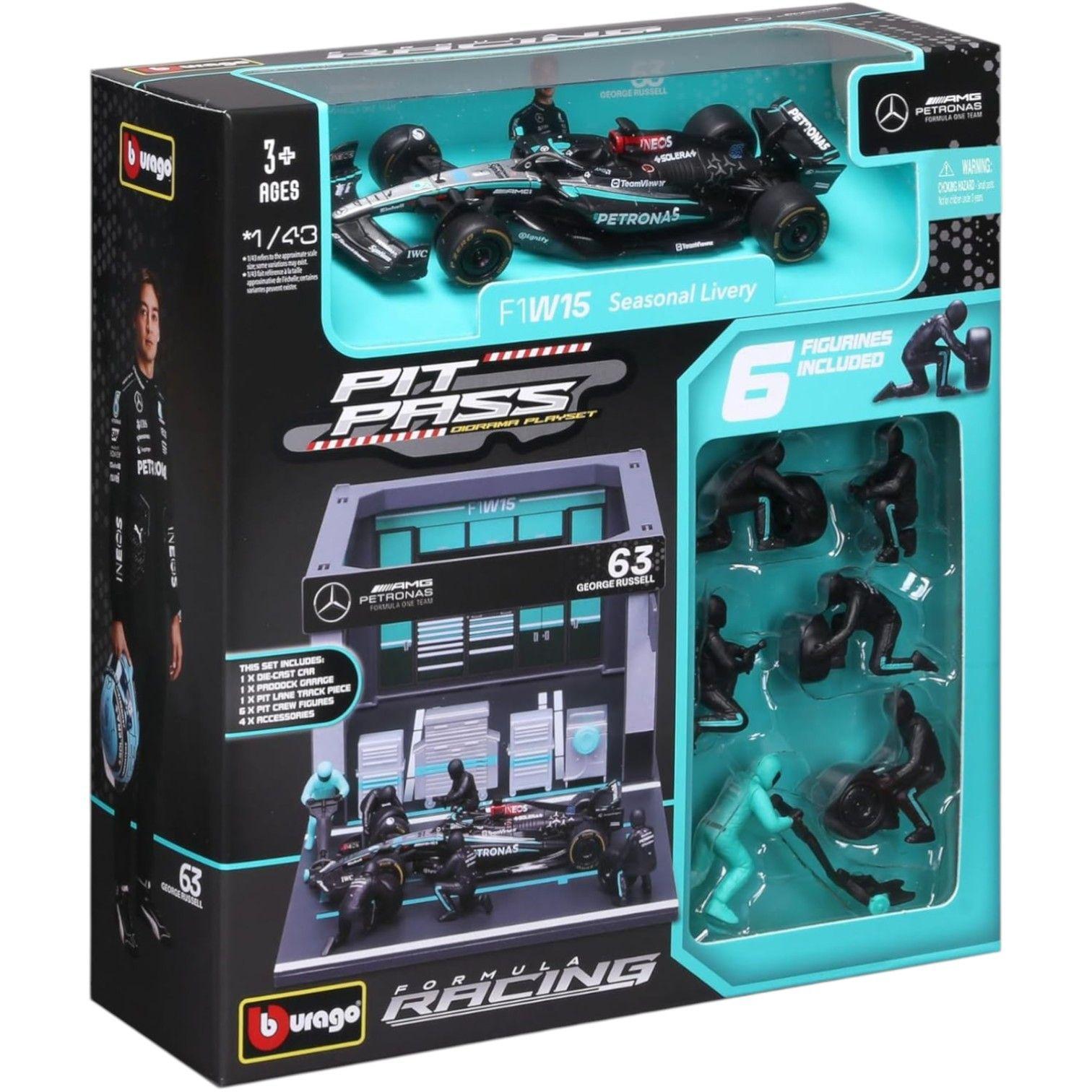 Set Pit Stop Mercedes W15 2024 63 George Russell Caja Normal Burago 1 43-5
