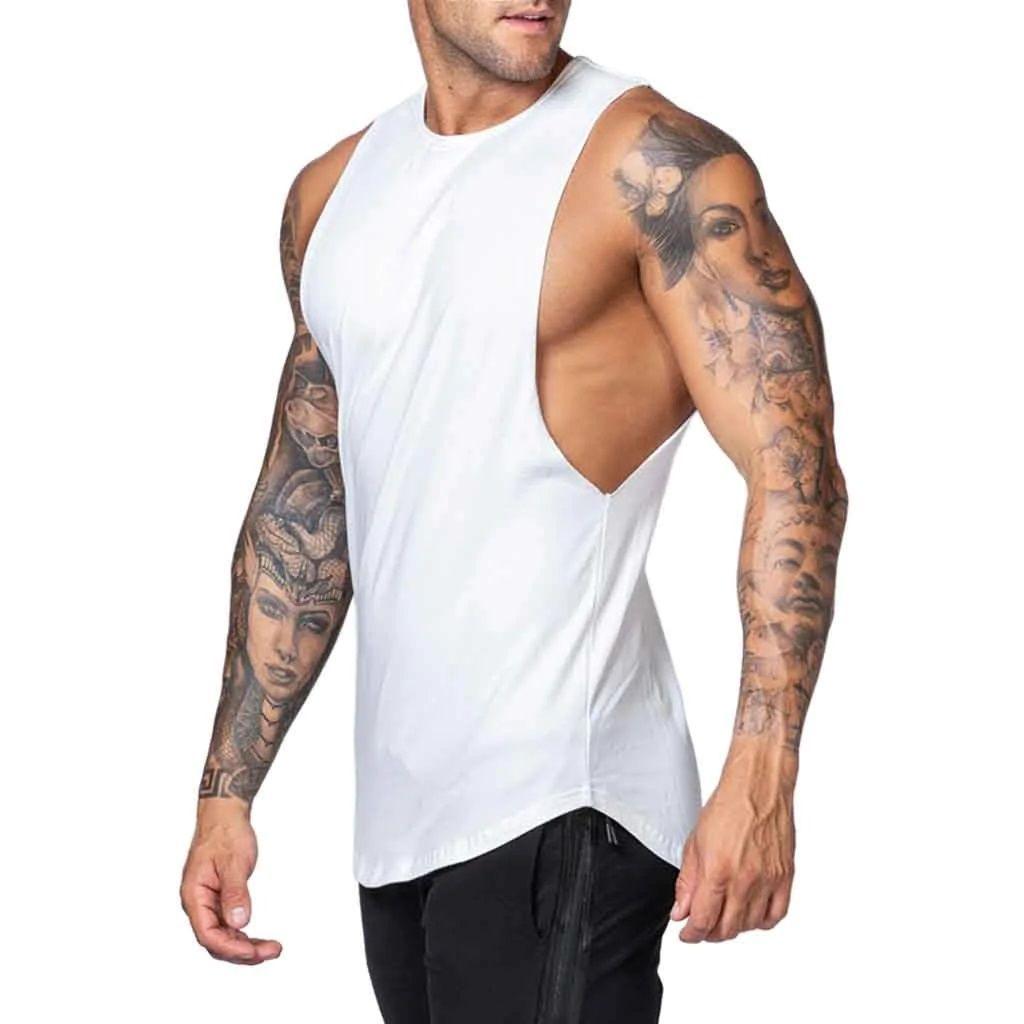Polera Deportiva Musculosa Hombre Gimnasio Algodón Blanco-0