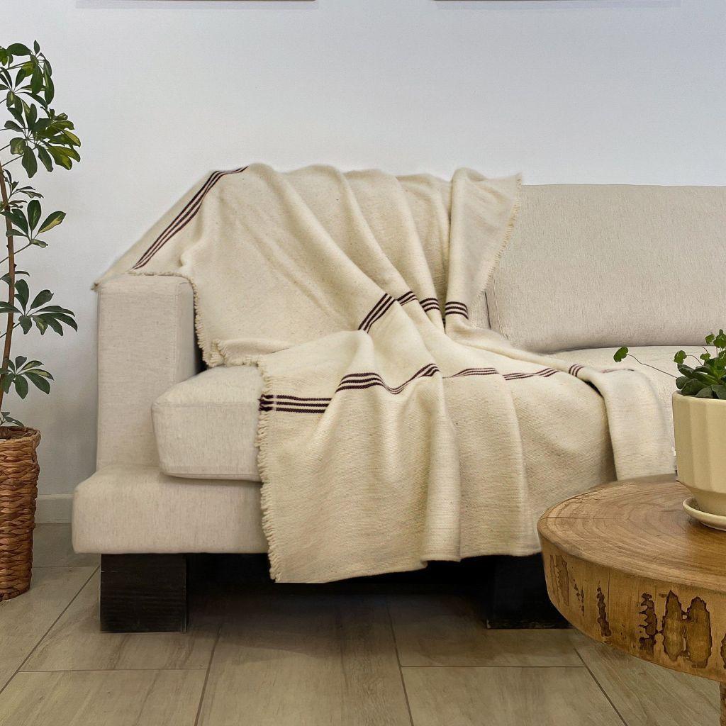 Manta 100% Algodón - 180x130cm - Crudo con Líneas Borgoña-3