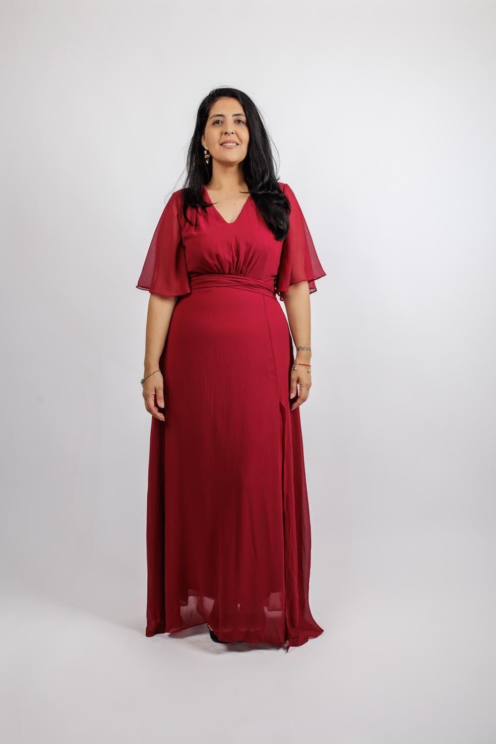Vestido de Fiesta Burdeo con Mangas-0