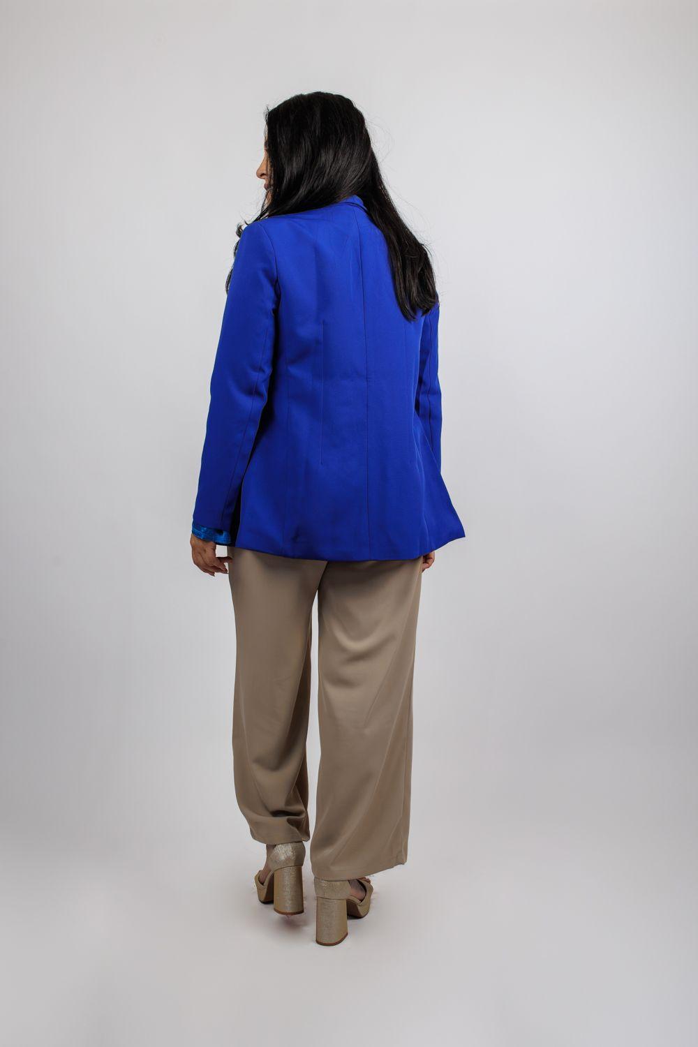 Blazer Azul Cuello en V con Lazo en la Cintura-2