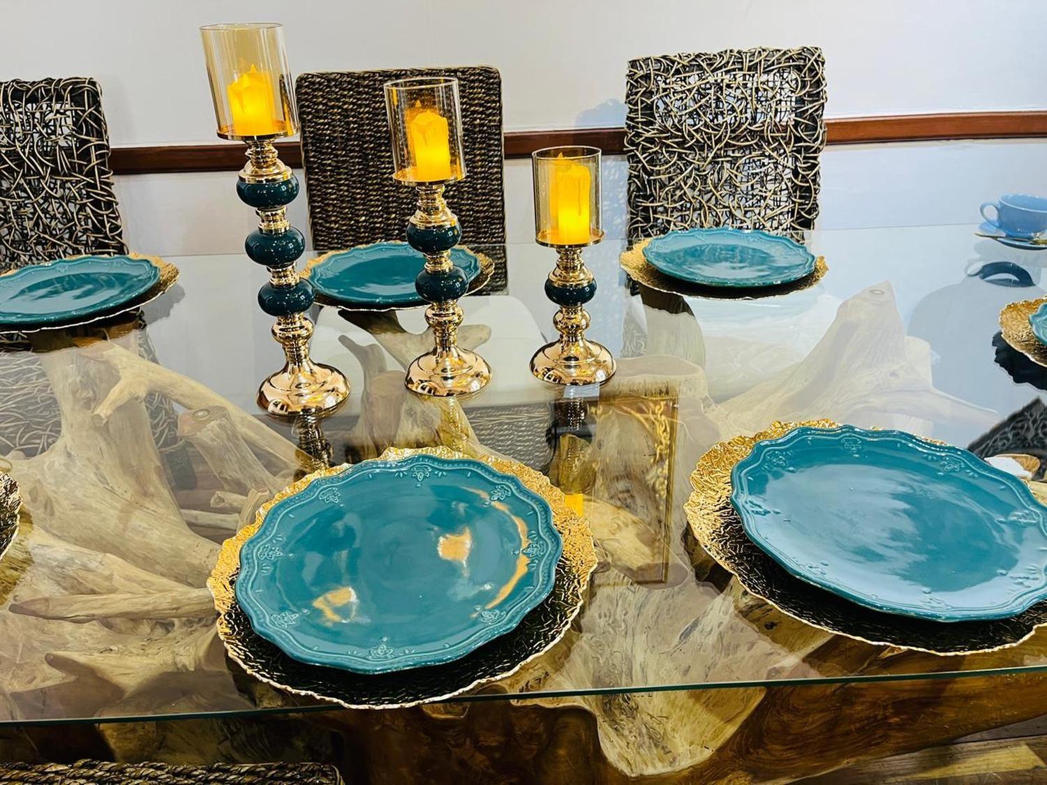 Set de 3 Candelabro Dorado con verde petroleo-1