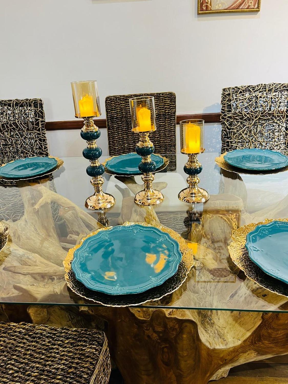 Set de 3 Candelabro Dorado con verde petroleo-2