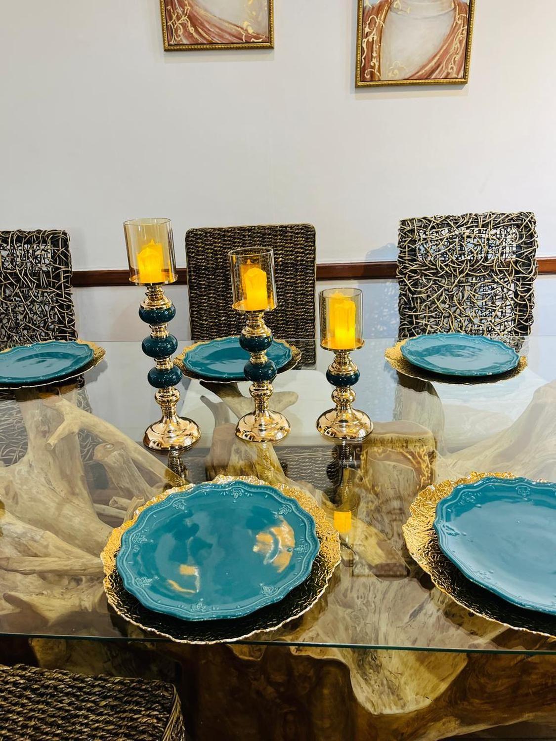 Set de 3 Candelabro Dorado con verde petroleo-3
