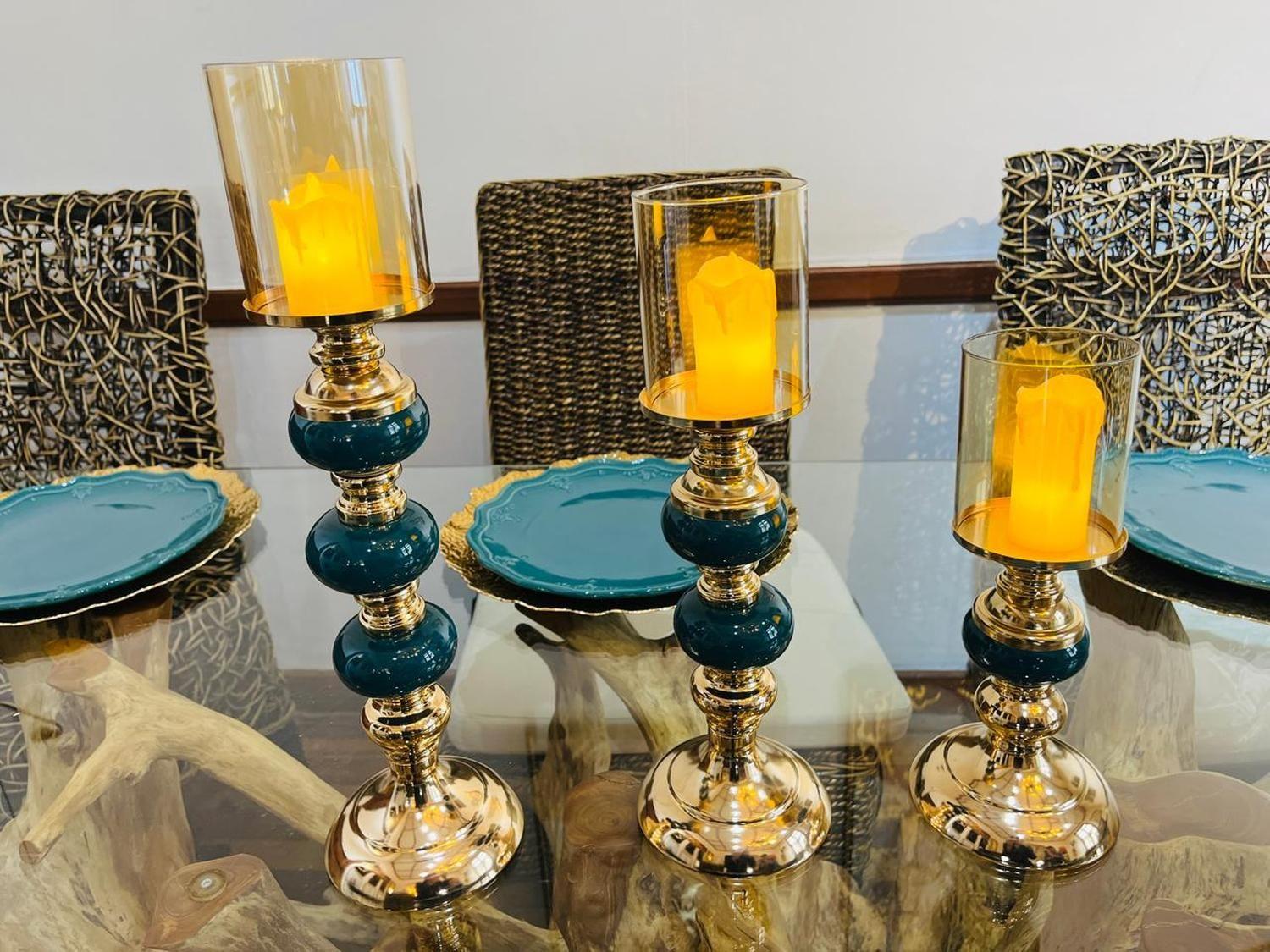 Set de 3 Candelabro Dorado con verde petroleo-4