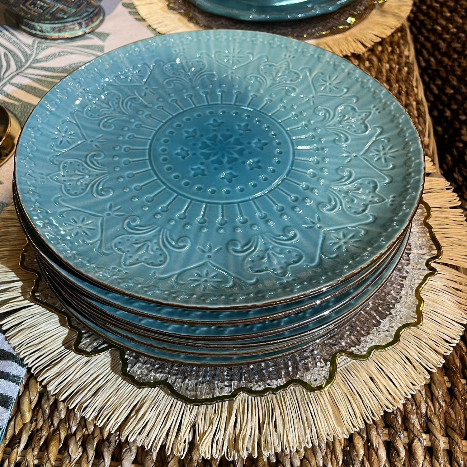 6 Platos de Loza Turquesa con Aplicaciones-2