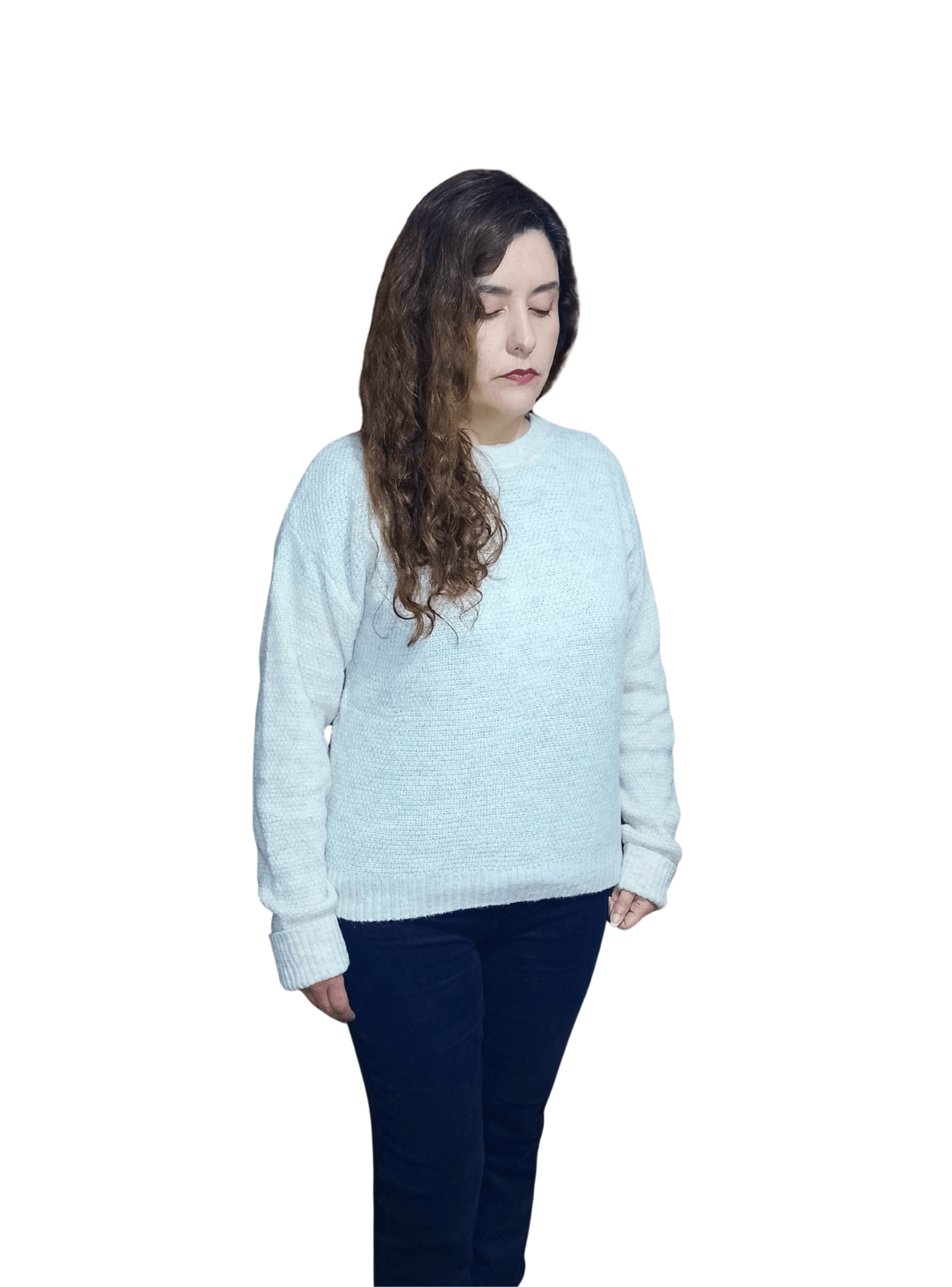 Sweater Beige Crema Cuello Redondo Hombros Caídos-3