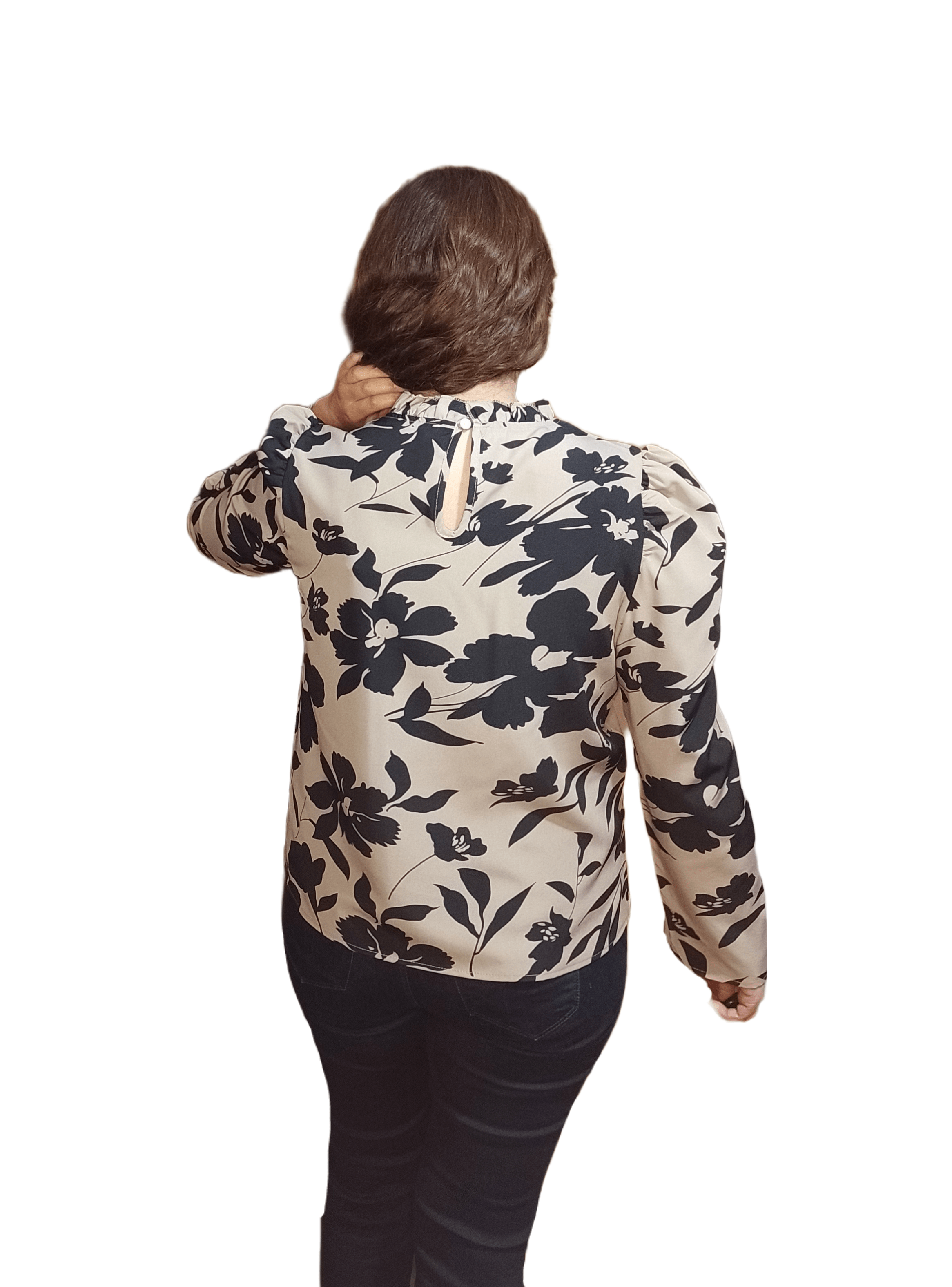 Blusa Beige Flor Negra Manga Larga-2
