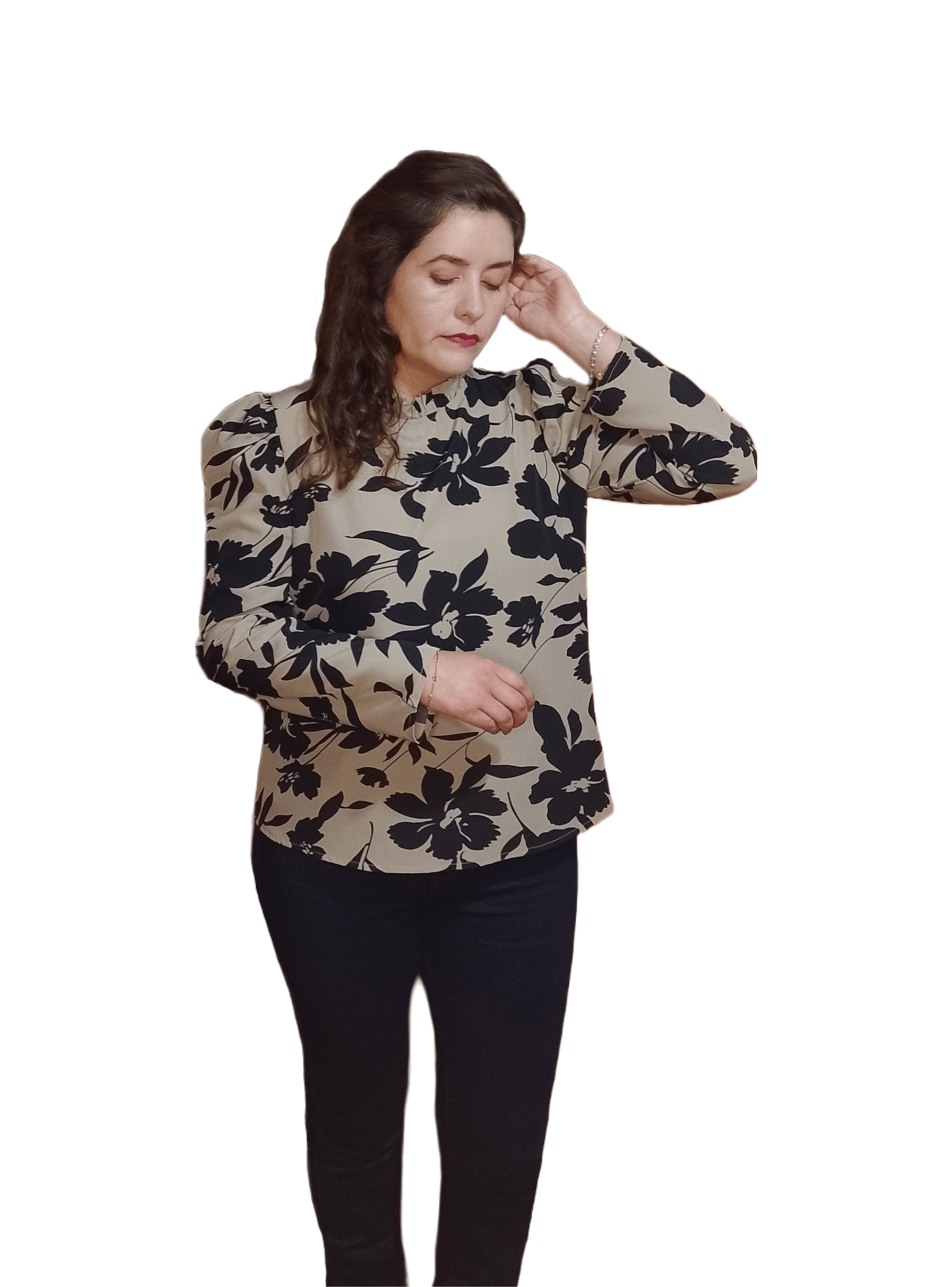 Blusa Beige Flor Negra Manga Larga-4