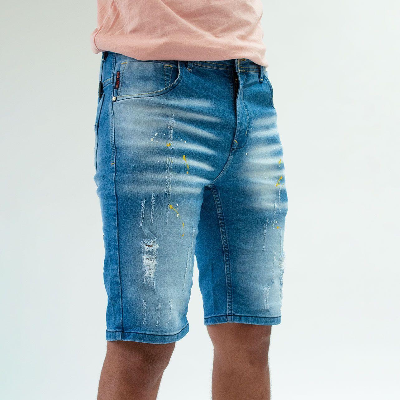 Bermuda Denim Salpicadura de Pintura Con Elasticidad-3