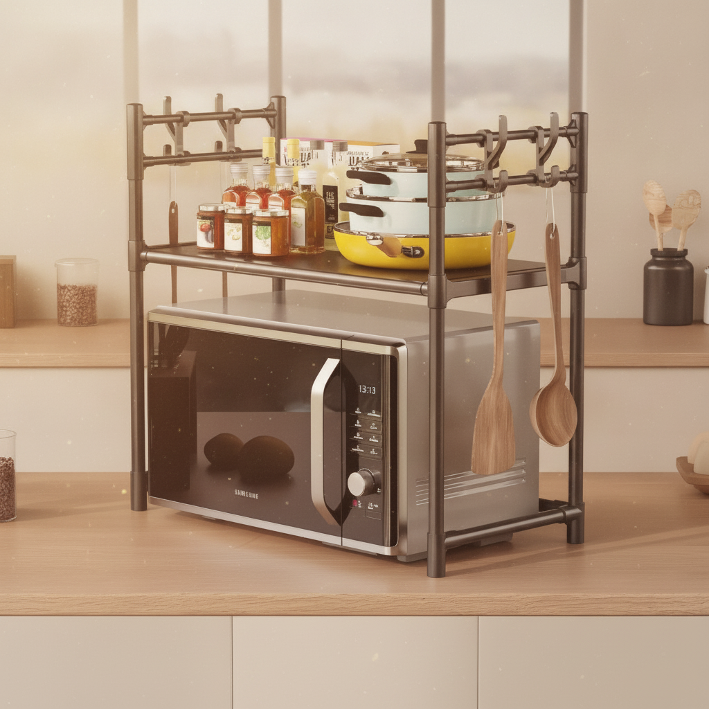 Repisa Organizador Microondas 2 Niveles Cocina Ganchos Acero-5