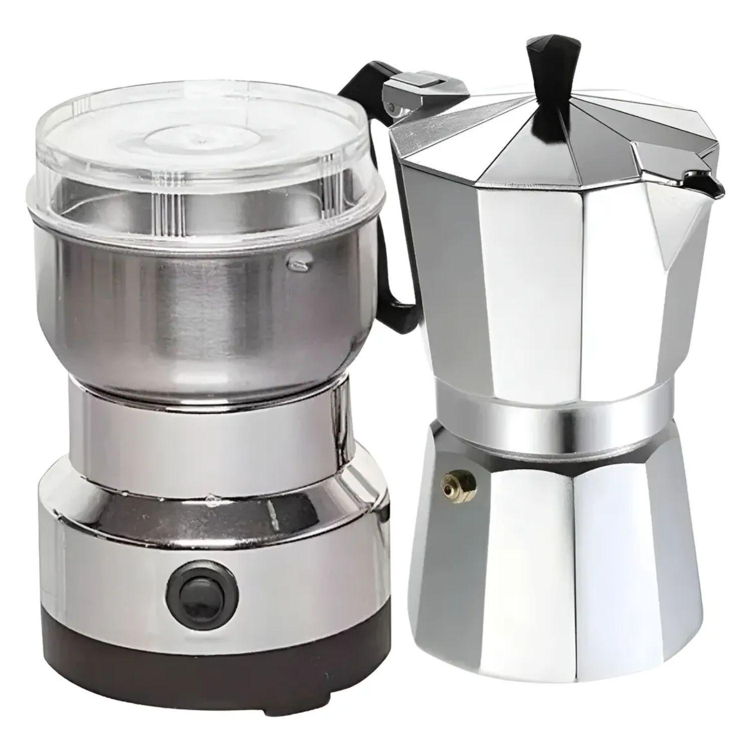 Moledor Eléctrico De Café + Cafetera Italiana Greca 3 Tazas Color Gris-0