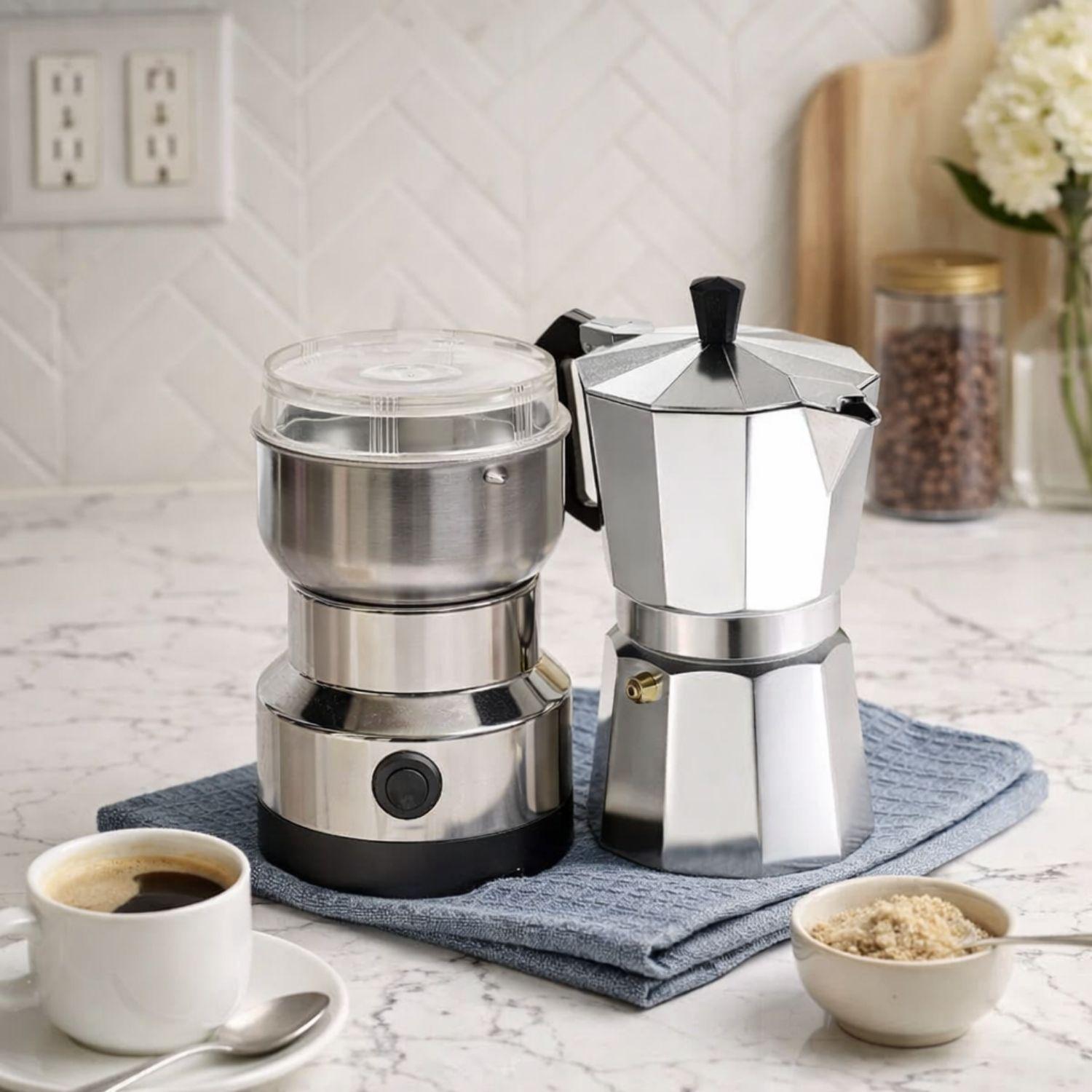 Moledor Eléctrico De Café + Cafetera Italiana Greca 3 Tazas Color Gris-2