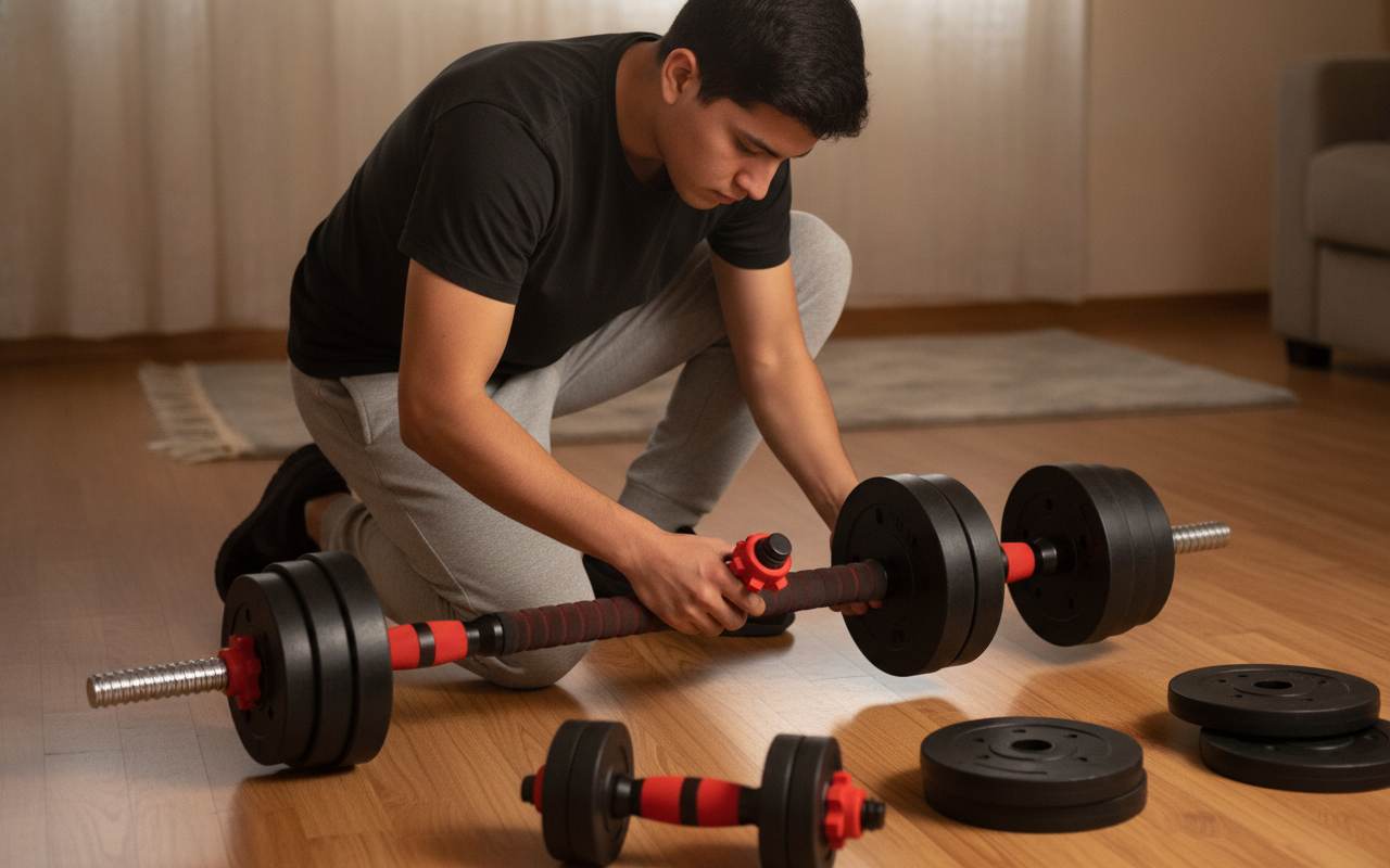 Barra Mancuernas Ajustable 10kg Set Pesas Discos Armable-5