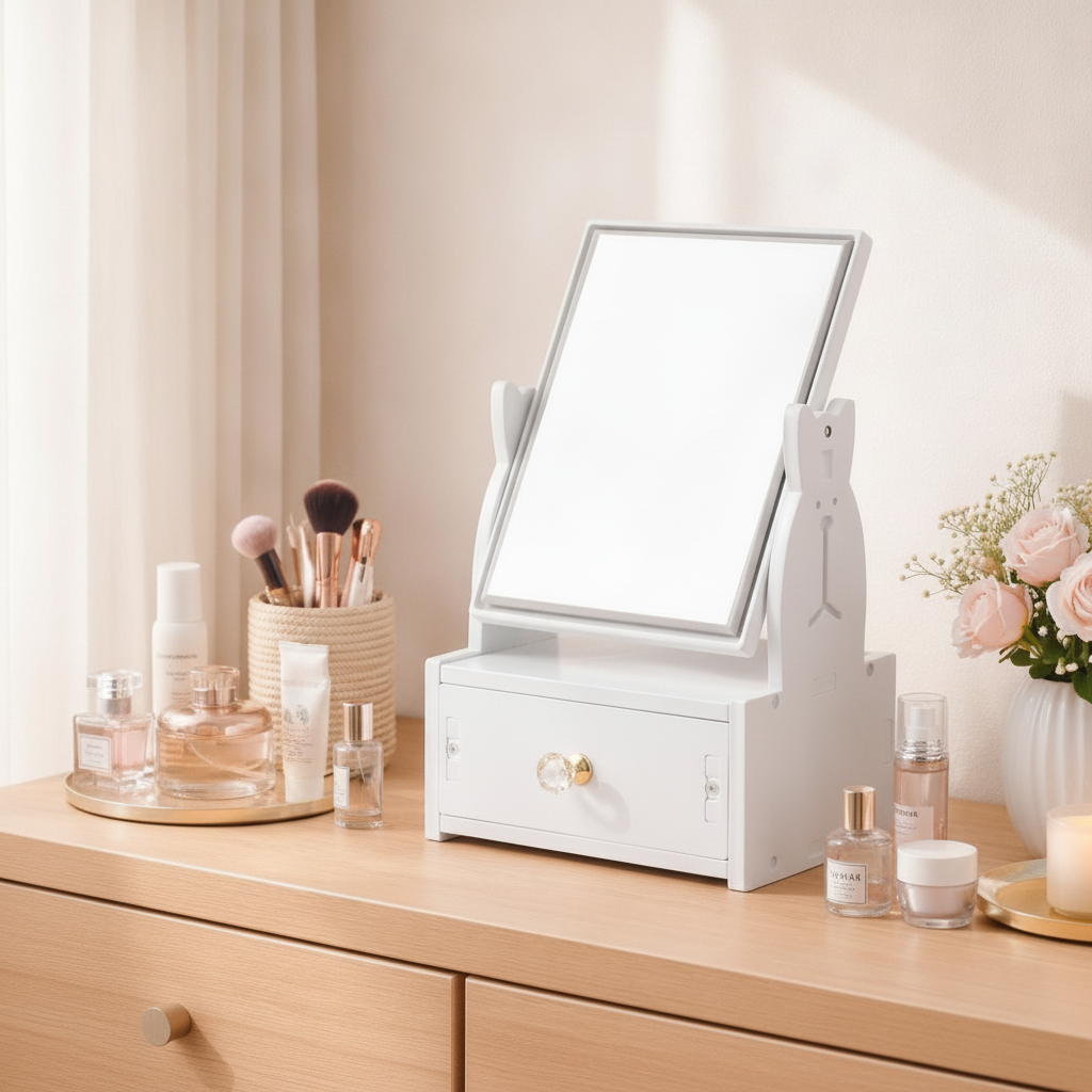 Cosmetiquero Organizador Espejo Con Cajon Maquillaje Blanco-4