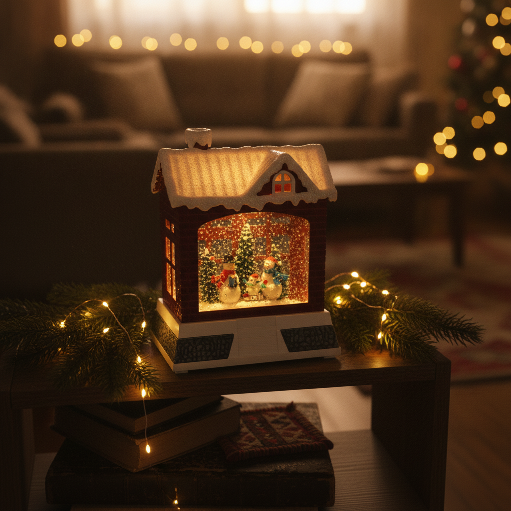 Adorno Navideño Casa Mono Nieve Musical Luz USB  Lampara-1