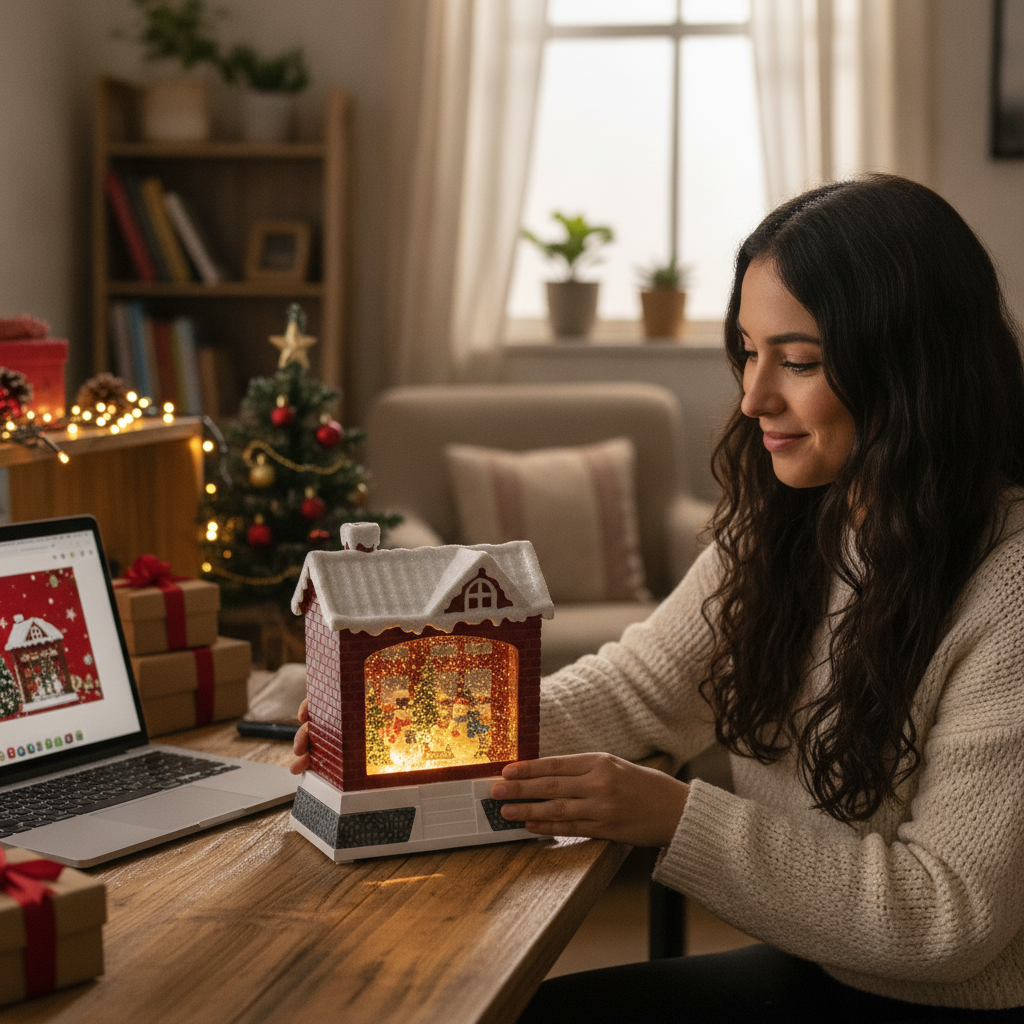 Adorno Navideño Casa Mono Nieve Musical Luz USB  Lampara-2