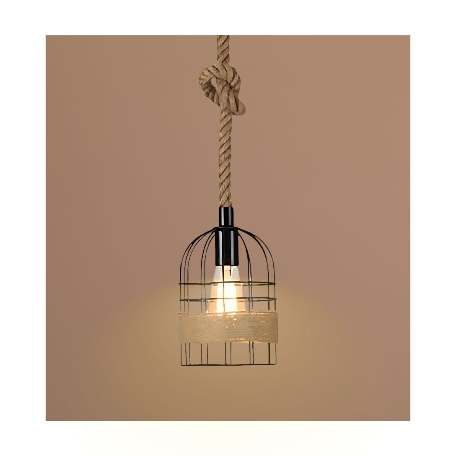 Lampara Colgante Rústica Vintage Jaula Cuerda Cañamo 1,28Mts-2