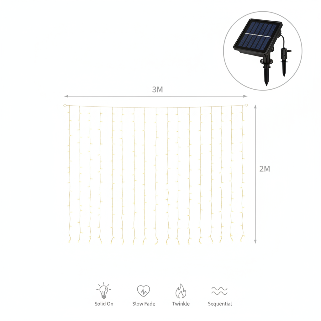 Luces Solares Cortina LED 200L 3x2m Luz Cálida Exterior-3