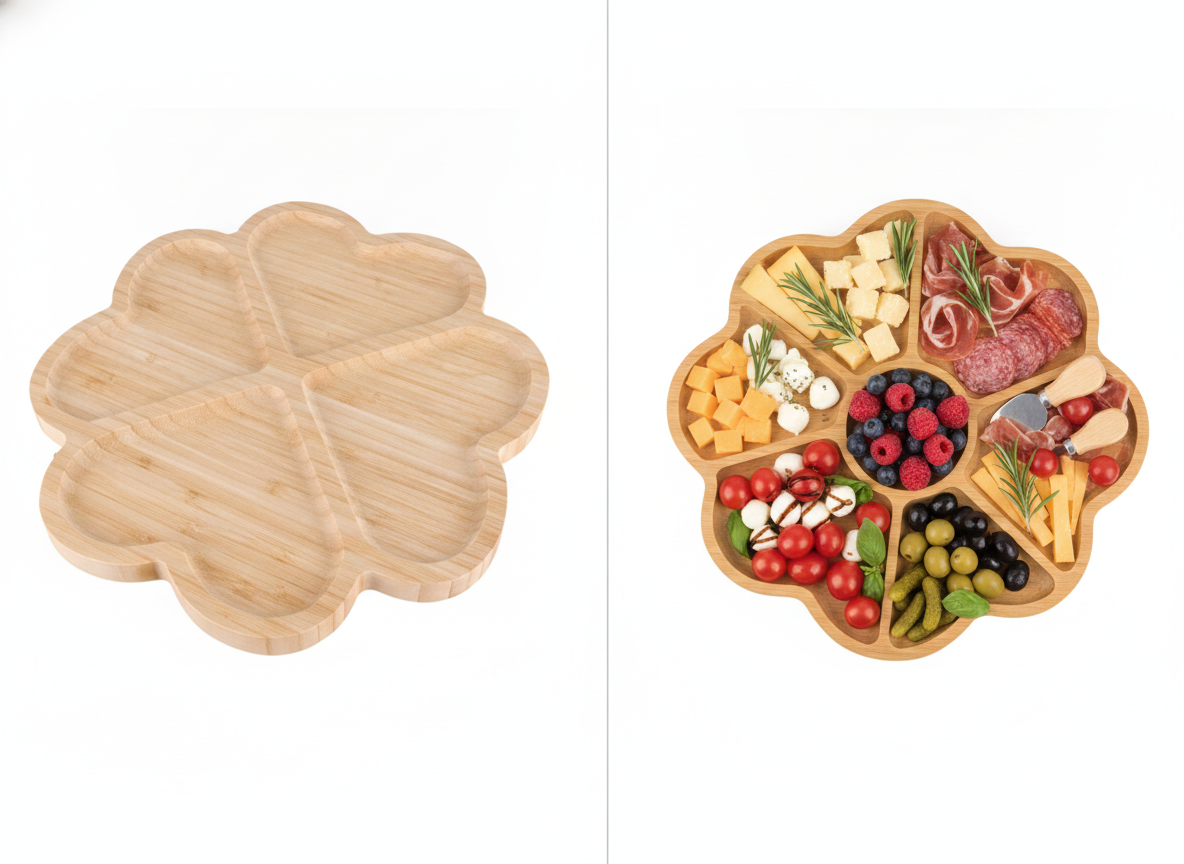Tabla Picoteo Madera Bambú 4 Secciones Trébol Aperitivo 27cm-9