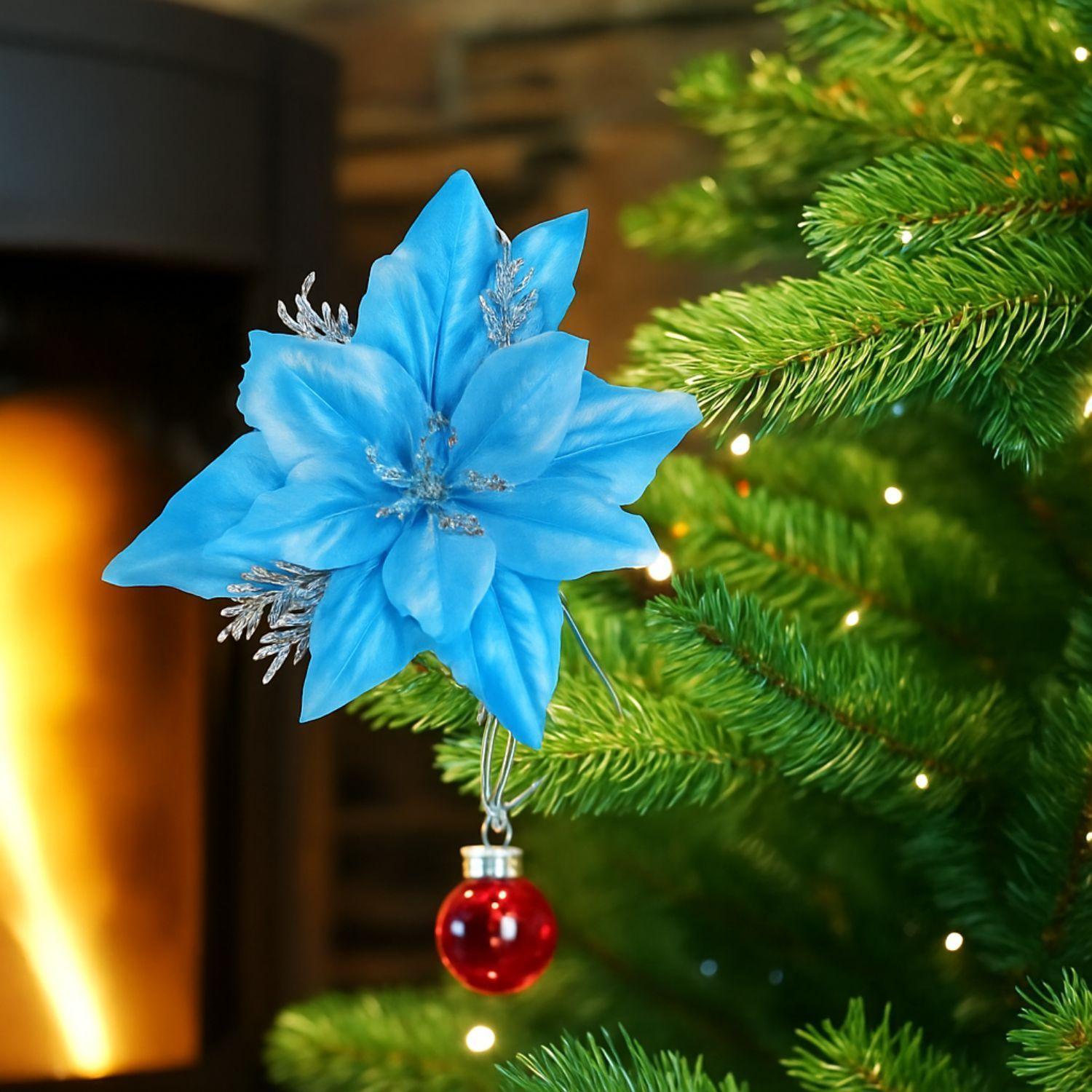 Set 12 Flores Artificiales Arbol Navidad Azul Decoracion-2