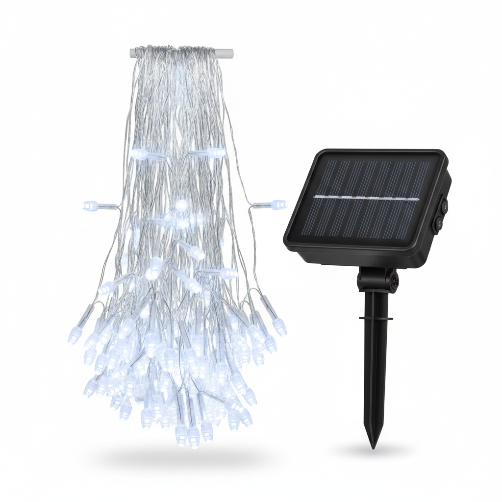 Cascada Luces Led Solar 56 Luces 3m Blanco Frío Árbol Rama-0