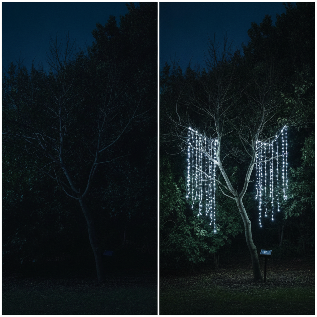 Cascada Luces Led Solar 56 Luces 3m Blanco Frío Árbol Rama-8