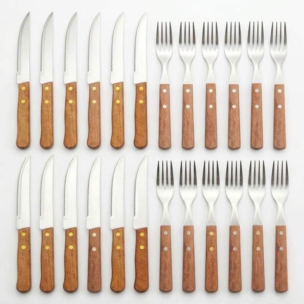 Set Cubiertos Madera 24 Pzs Tenedor Cuchillo Asado Acero-0