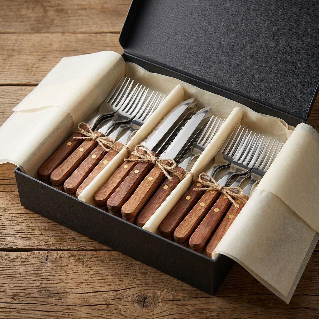 Set Cubiertos Madera 24 Pzs Tenedor Cuchillo Asado Acero-6