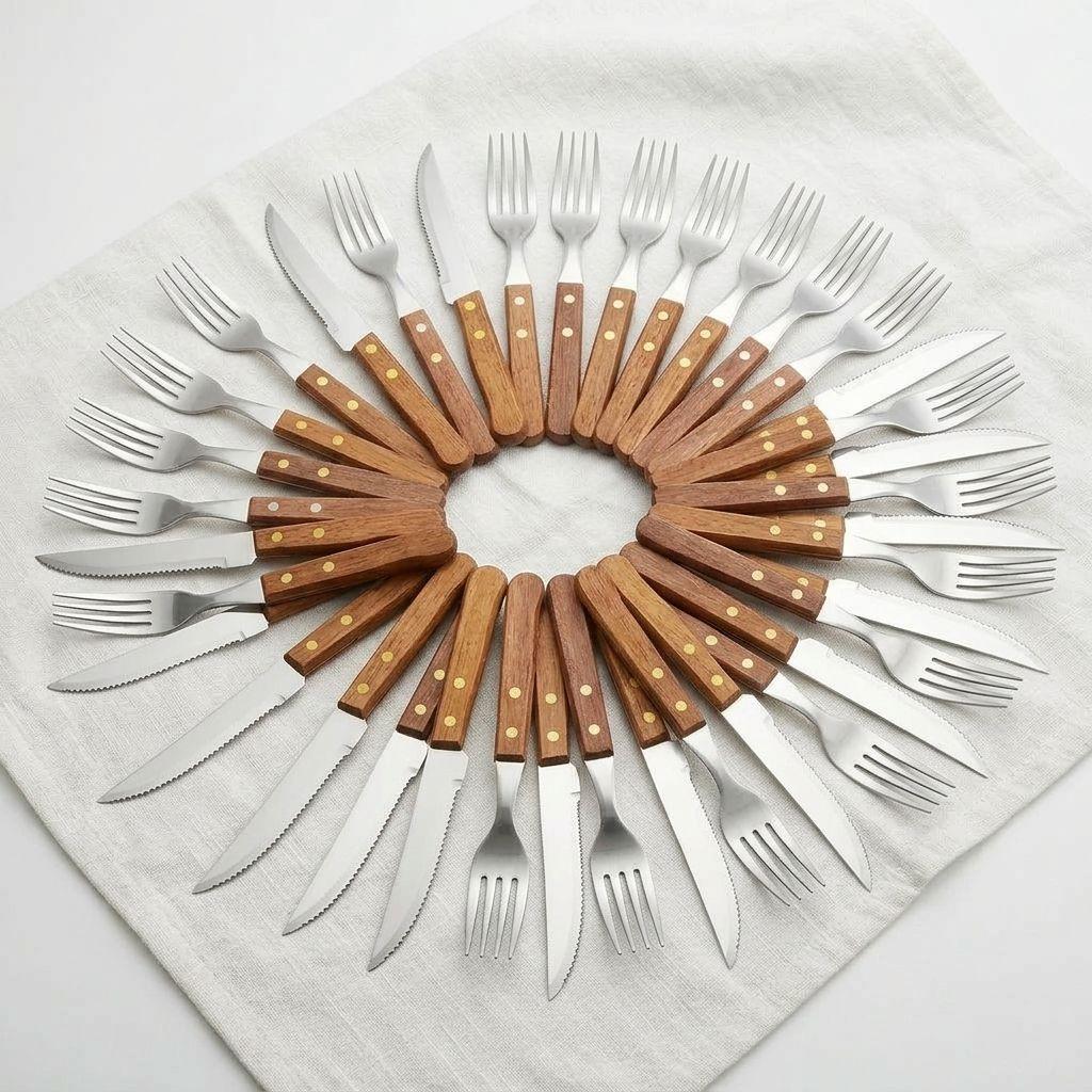 Set Cubiertos Madera 24 Pzs Tenedor Cuchillo Asado Acero-7