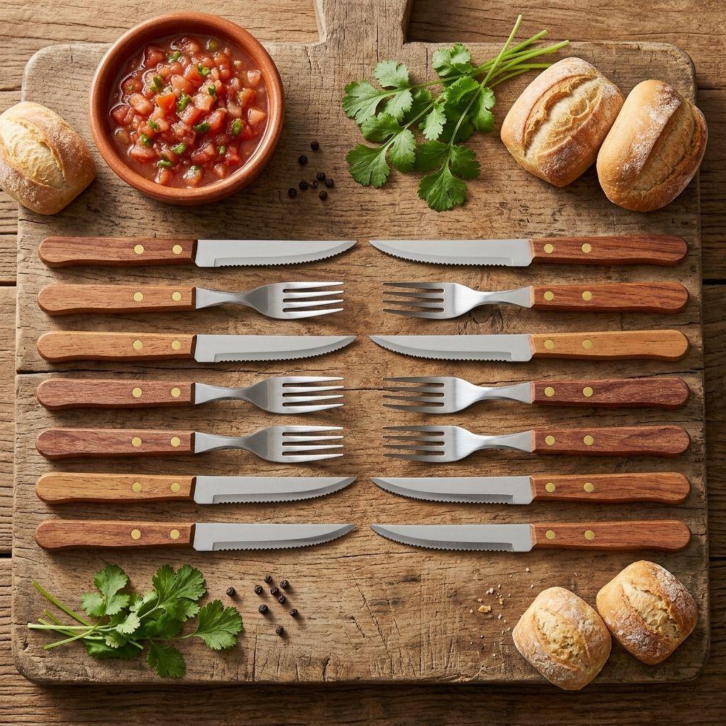 Set Cubiertos Madera 24 Pzs Tenedor Cuchillo Asado Acero-8