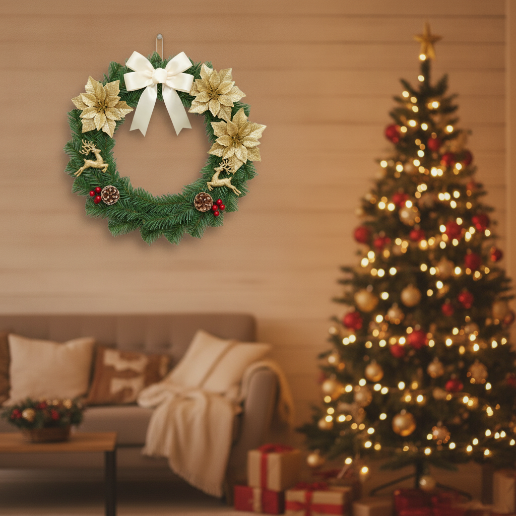 Corona Navideña Feliz Navidad Dorada 40cm Decoración Navidad-3