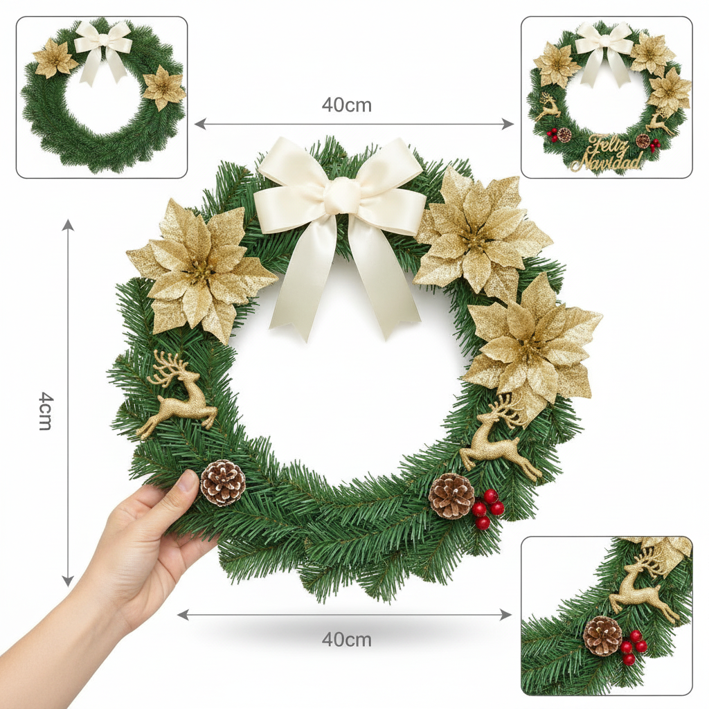 Corona Navideña Feliz Navidad Dorada 40cm Decoración Navidad-4