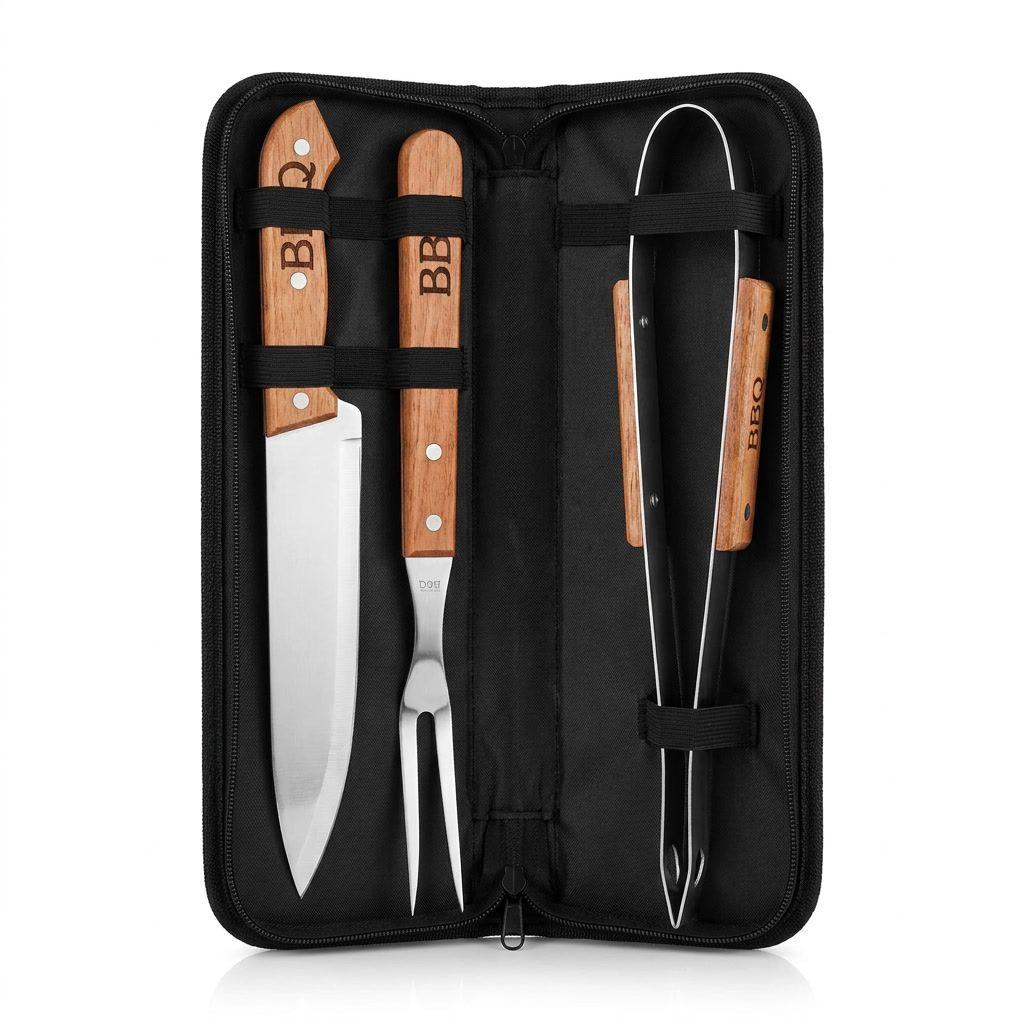 Set Parrillero Cuchillo Pinza Pincho Mango Madera Estuche-0
