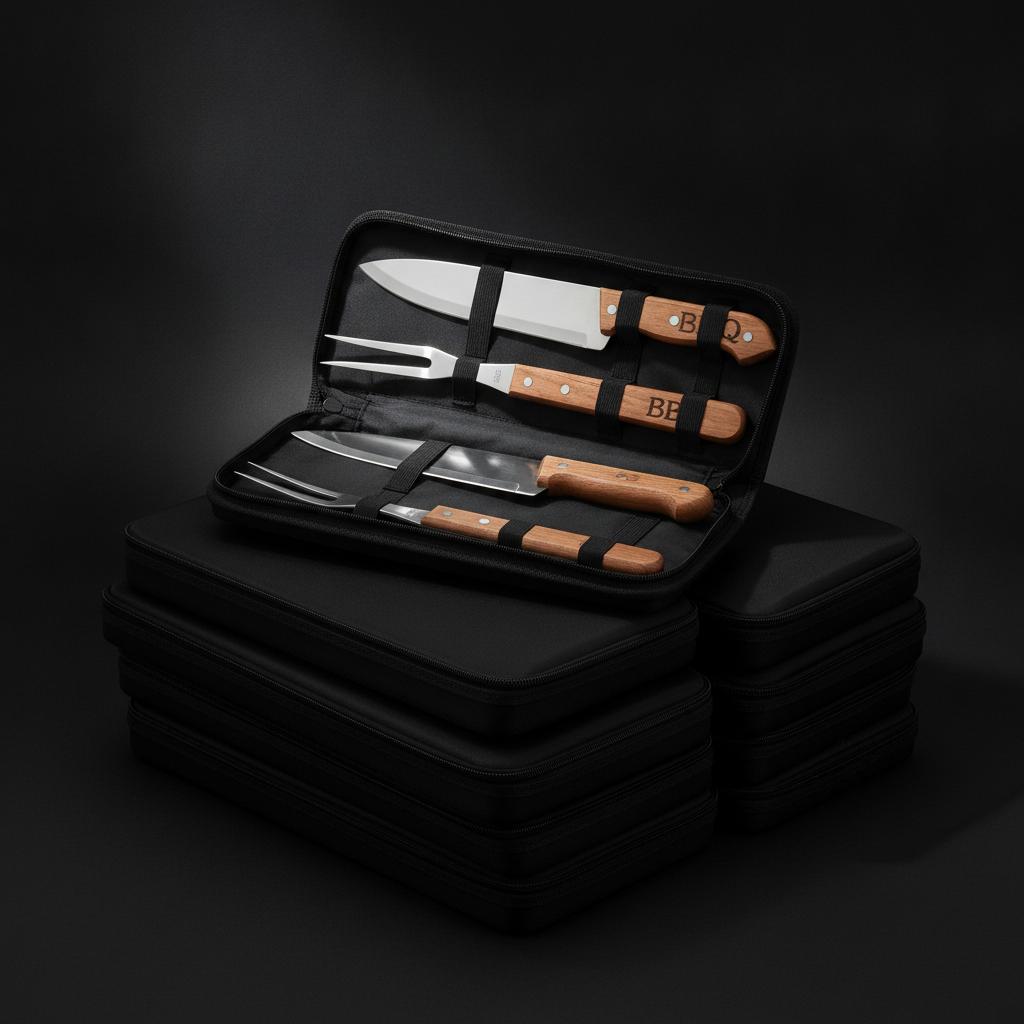 Set Parrillero Cuchillo Pinza Pincho Mango Madera Estuche-4
