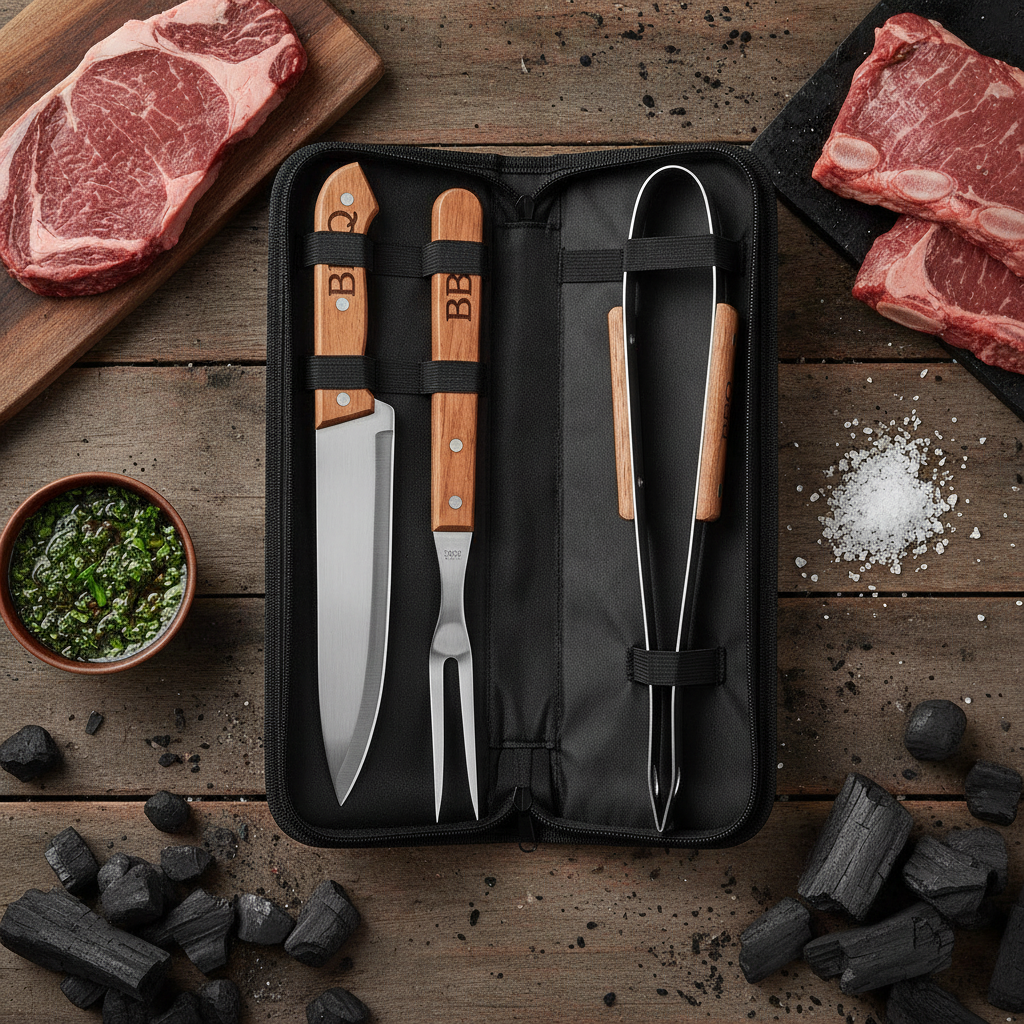 Set Parrillero Cuchillo Pinza Pincho Mango Madera Estuche-5