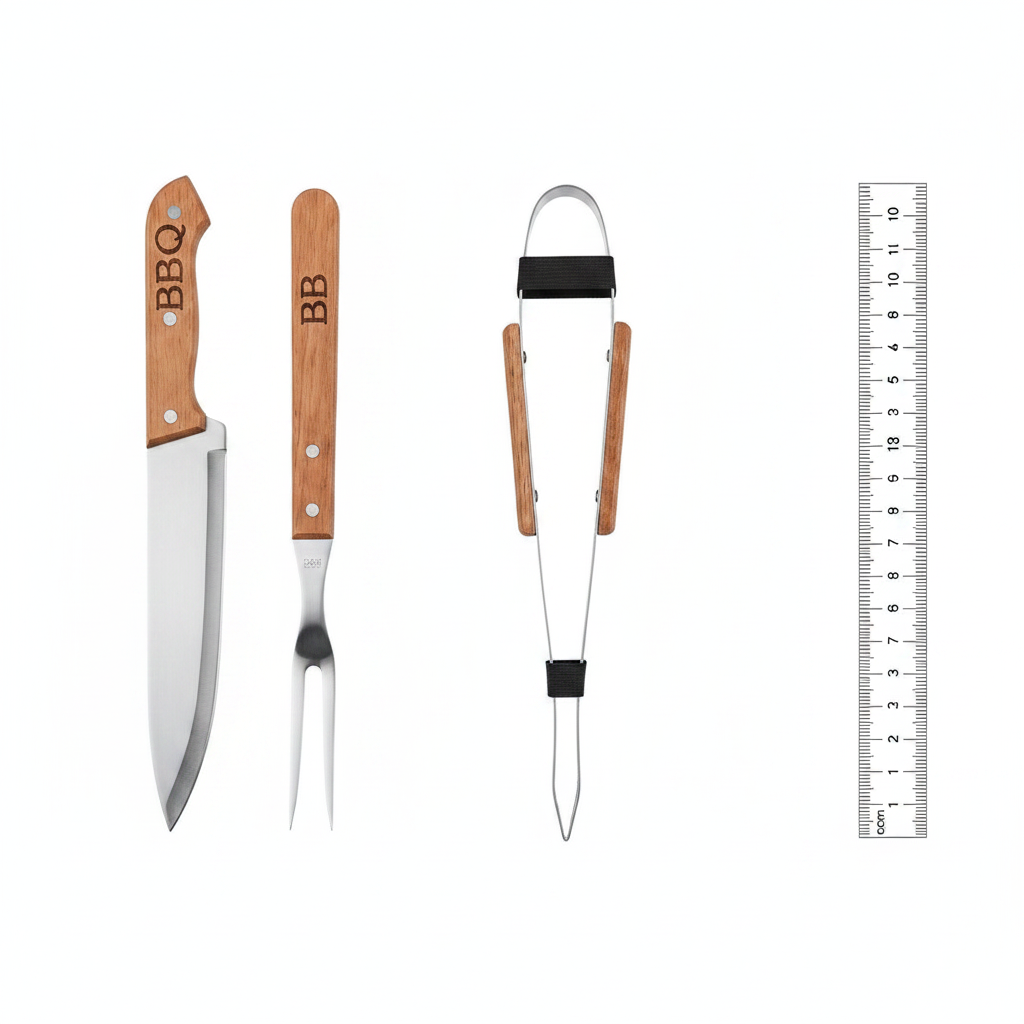 Set Parrillero Cuchillo Pinza Pincho Mango Madera Estuche-6