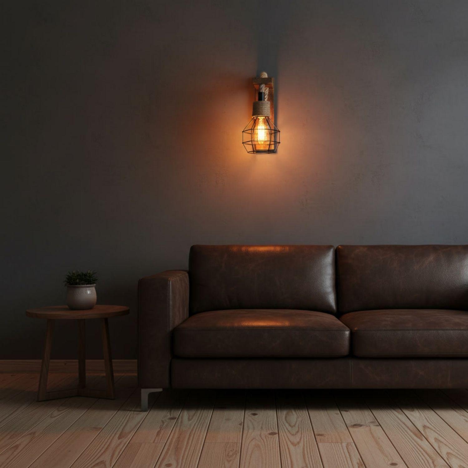 Lampara Colgante Vintage Rustica Jaula Madera Soga E27-3