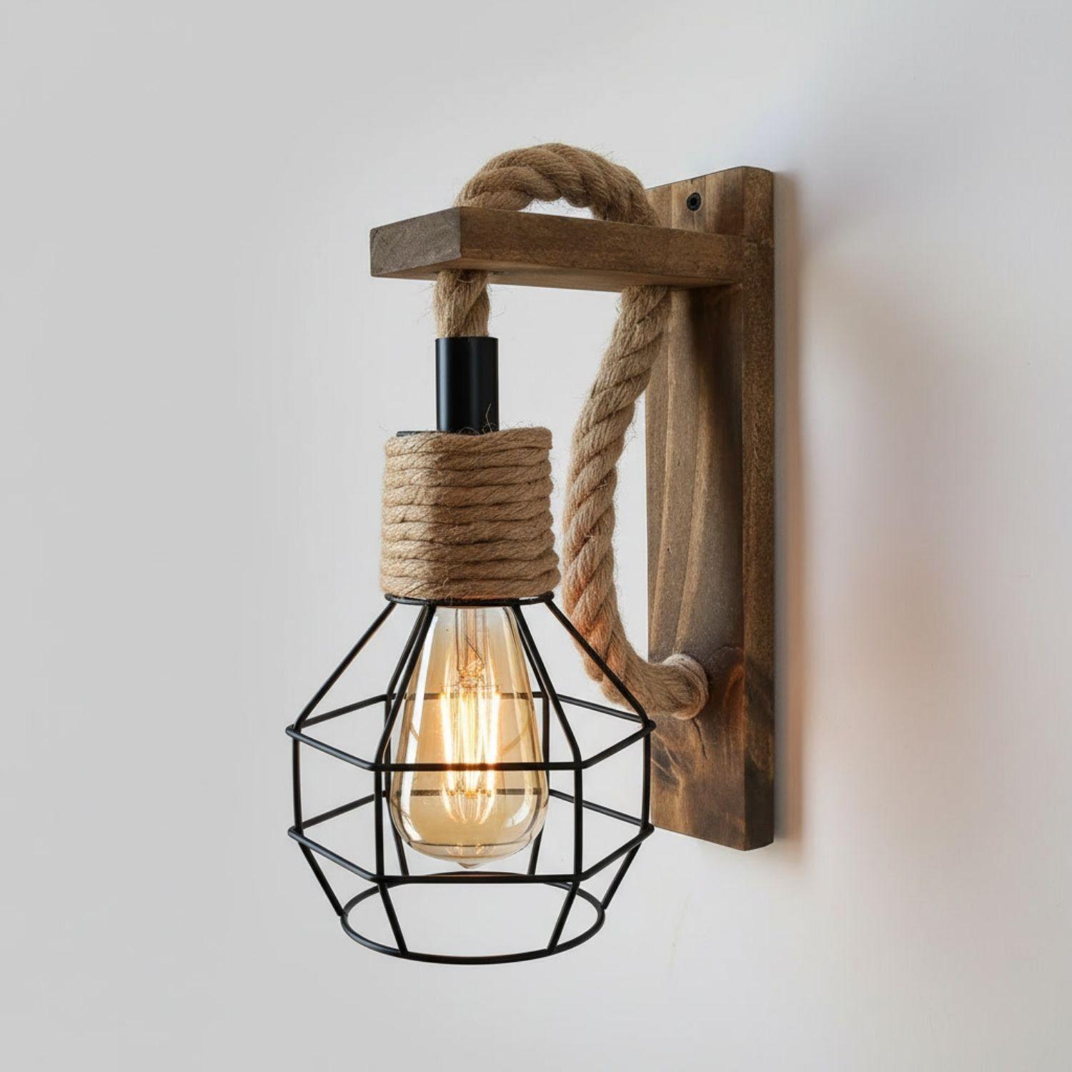 Lampara Colgante Vintage Rustica Jaula Madera Soga E27-7