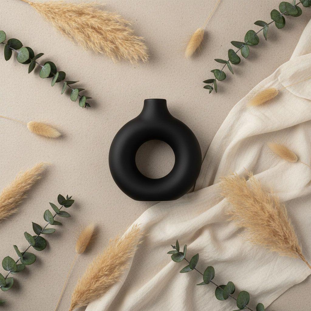 Florero Negro Ceramica Circular Vintage 22cm Decoracion-3