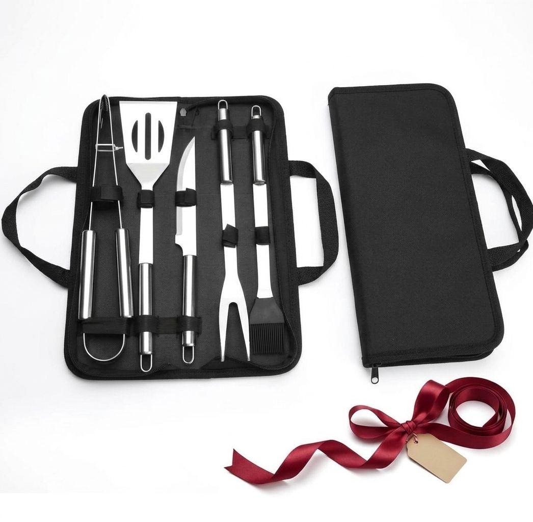 Set Parrillero 5 Utensilios Acero Inoxidable + Estuche Bbq-5
