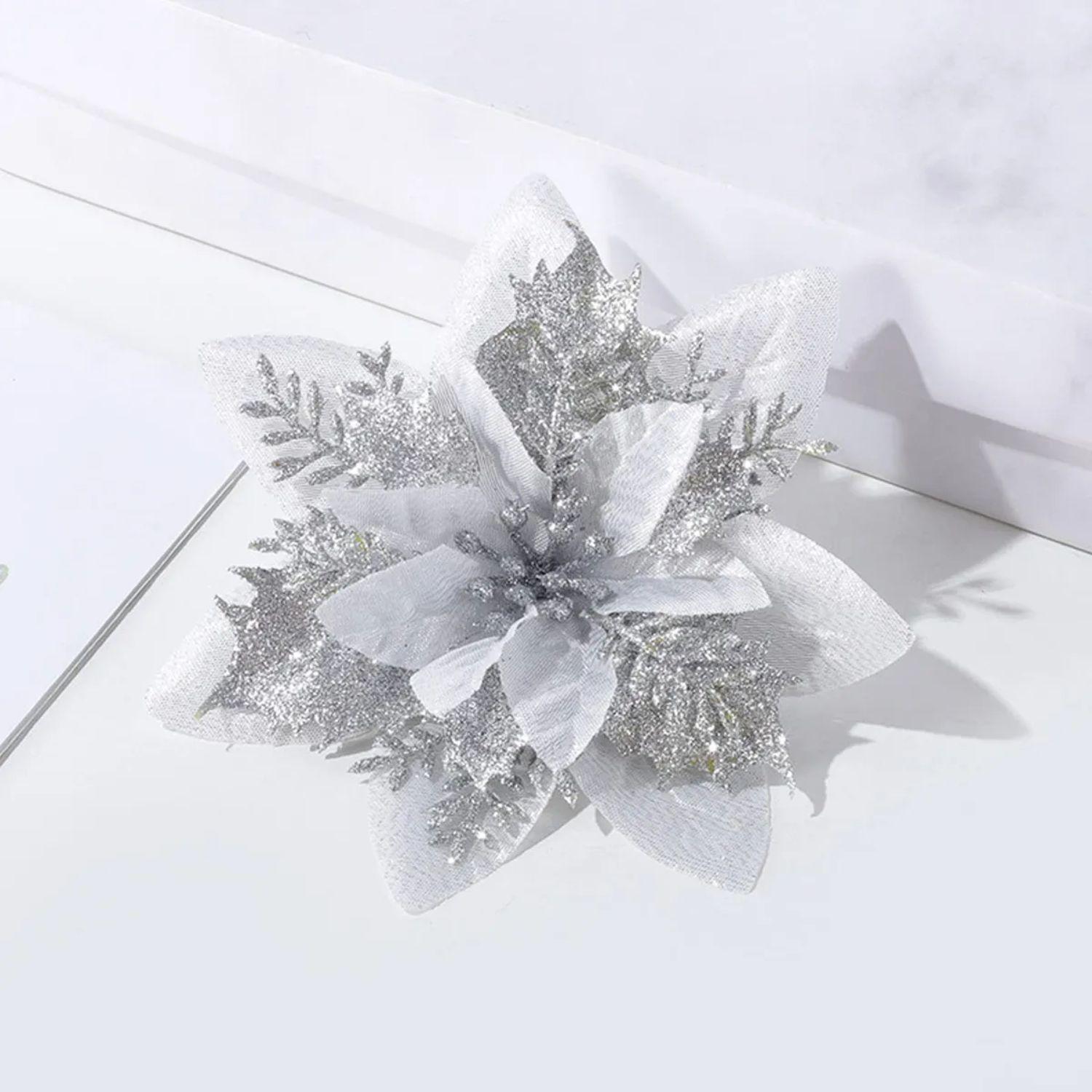 Set 12 Flores Artificiales Arbol Navidad Plateada Decoracion-3