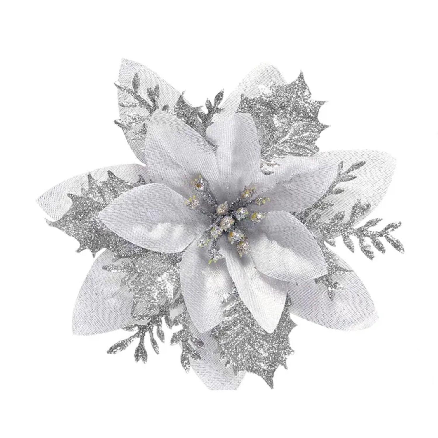 Set 12 Flores Artificiales Arbol Navidad Plateada Decoracion-0
